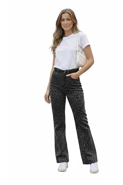 modaselda leopar desenli kemerli kot pantolon