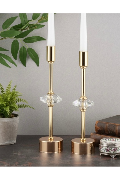Jovi GOLDEN DUO 2'li Lüks Şamdan Kristal Dekorlu Gold Kaplama Metal Mumluk