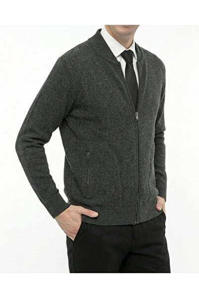 TerziAdemAltun Italian Style Men's Zipper Cardigan Anthracite T13147