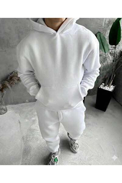 NİCE White Three Thread Compact Hooded Inside Cotton Premium O Oversized Tracksuit Bottom Top Set