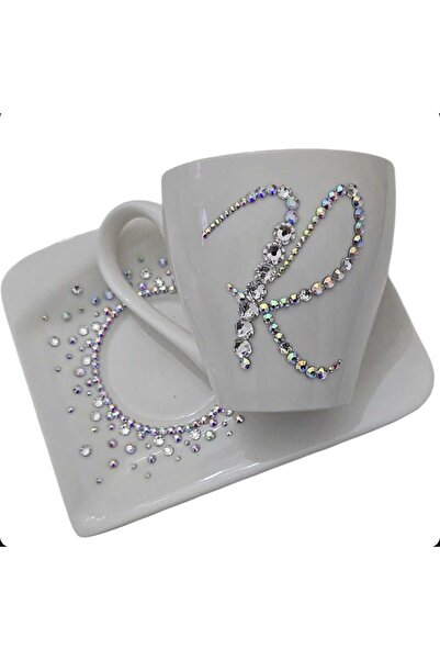 by Alexandra Vacarusi White cup and saucer set, 36cl, decorated with crystals, Personalized gift, byAlexandra Vacarusi