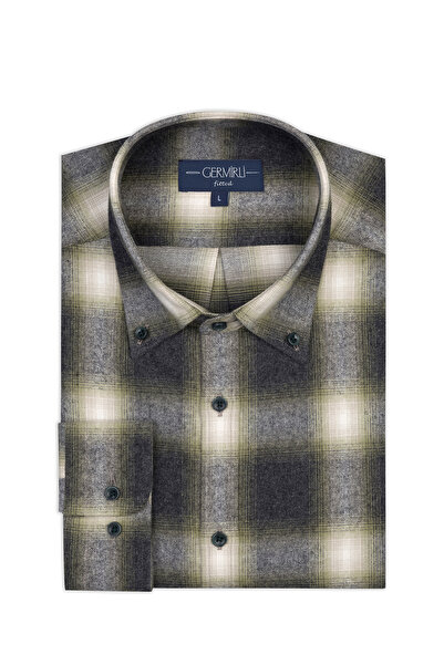 Germirli Albini Anthracite Green Plaid Flannel Buttoned Collar Tailor Fit Cotton Lumberjack Shirt