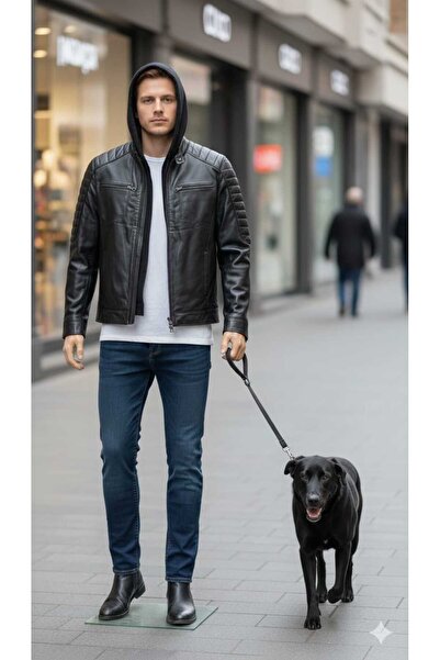 dicha Genuine Leather Detachable Fabric Hooded Men's Coat