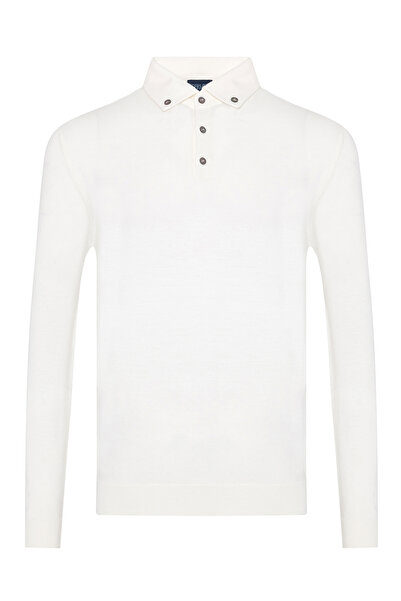 Germirli Cream Colored Buttoned Shirt Collar Regular Fit Extra Fine Wool Knitwear