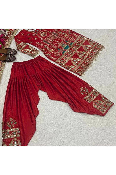 MYSMAR Red Crepe Kameez Salwar & Dupatta - HRT5272 | Red