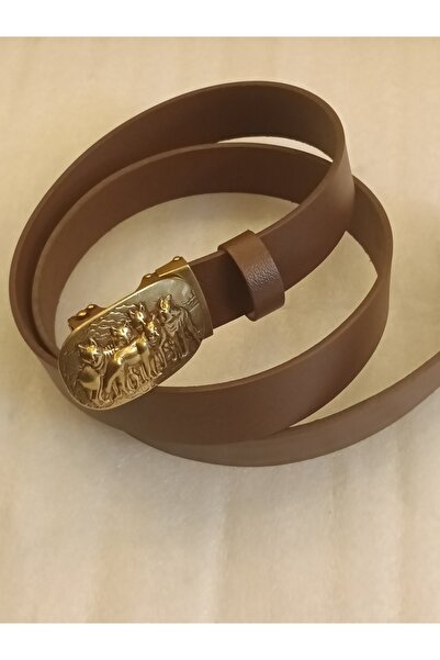 Butik Tülin حزام من جلد العجل الأصلي للجنسين بلون بني ذهبي مع خمسة ذئاب وإبزي...