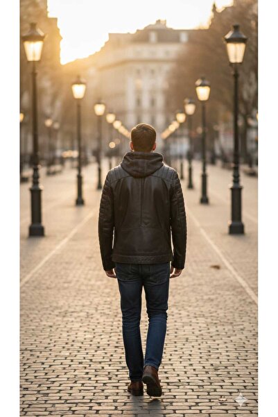 dicha Genuine Leather Detachable Fabric Hooded Men's Coat