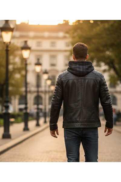 dicha Genuine Leather Detachable Fabric Hooded Men's Coat