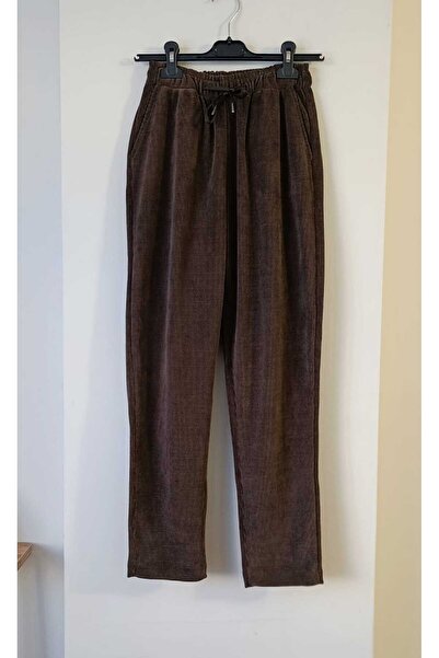 Butik Şans Women's Brown Velvet Elastic Waist Pocketed Comfortable Fit Trousers