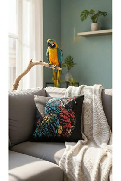 artwork Parrot Printed Linen Fabric Cushion Cover (1 Piece)