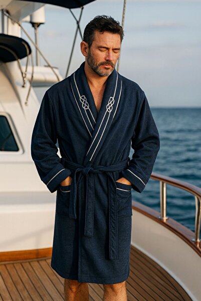 LUNGA VİTA Sailor Knot Patterned Bathrobe Men's Bathrobe Embroidered Velvet Navy Blue Shawl Collar