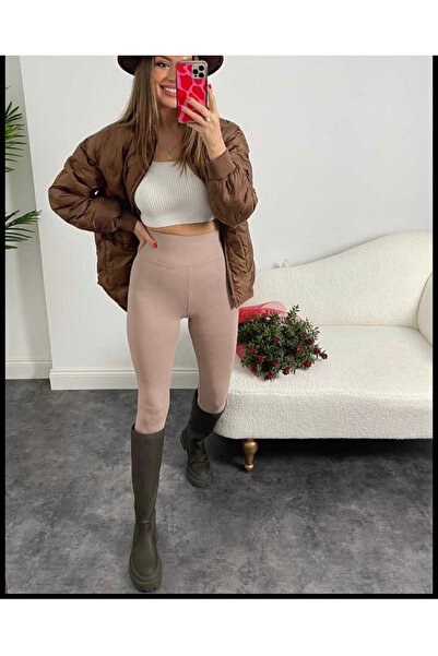 QN Kadın İçi Polarlı Lastikli Fitilli Toparlayıcı Kışlık Örme Tayt Krem