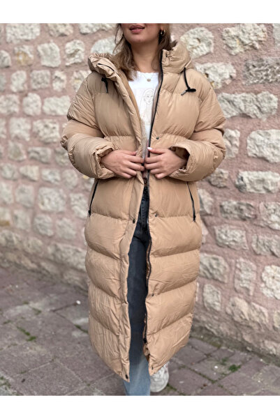 PELTEX Beige Midi Length Lace-Up Puffer Coat