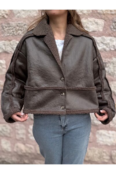PELTEX Brown Plush Striped 3 Button Leather Jacket