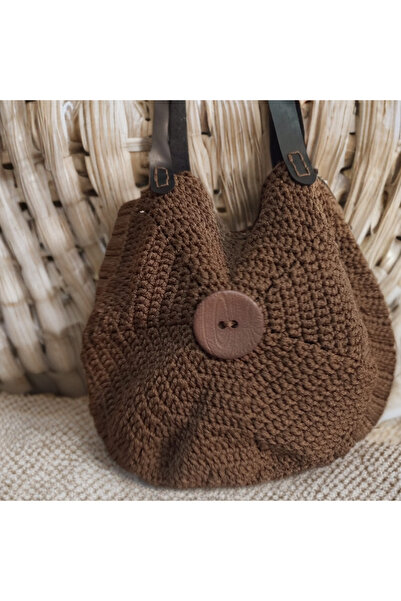 Mimoza Accessories حقيبة محبوكة باللون البني الداكن، حزام كتف طويل من الجلد، ...