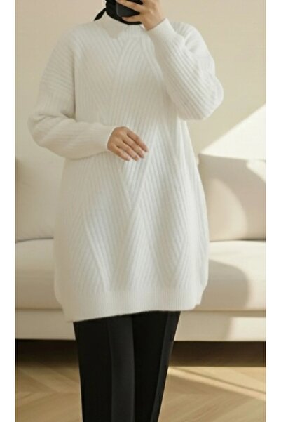 Vaniza Embossed Asymmetrical Striped Knitwear Tunic Sweater