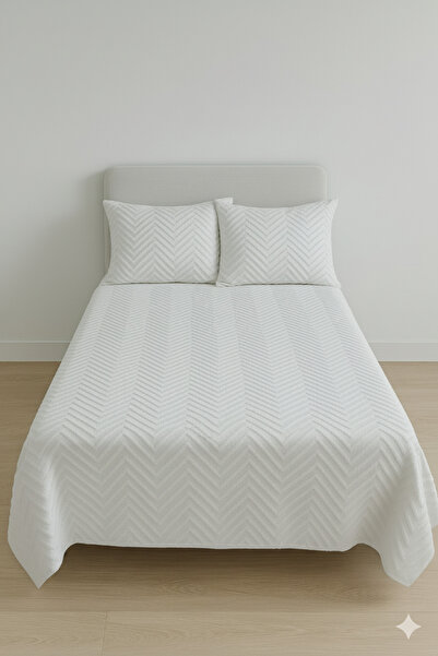 mis home ev tekstil Balık Sırtı Pamuklu Çift Kişilik Pike Takımı Krem