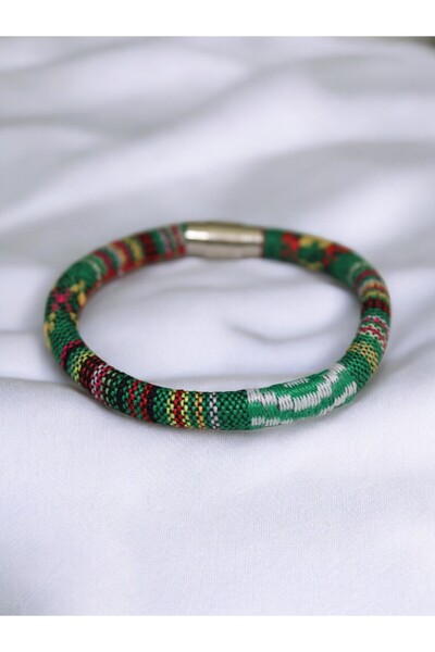 DEHNA Yeşil Kilim Desenli Mıknatıs Kapamalı Unisex Dokuma Bileklik | El İşçil...