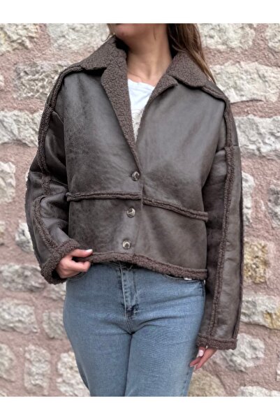 PELTEX Brown Plush Striped 3 Button Leather Jacket