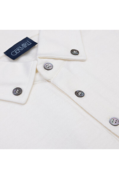 Germirli Cream Colored Buttoned Shirt Collar Regular Fit Extra Fine Wool Knitwear