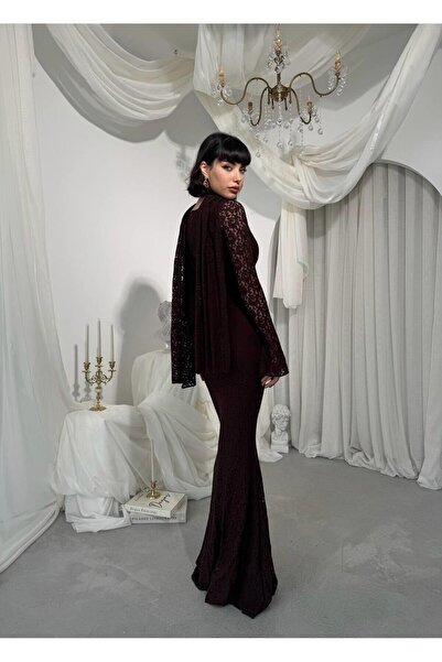 Julidress Square Neck Lined Maxi Long Length Premium Lace Dress with Shawl