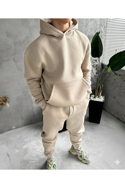 NİCE Beige Three Thread Compact Hooded Cotton Inside Premium O Oversized Tracksuit Bottom Top Set