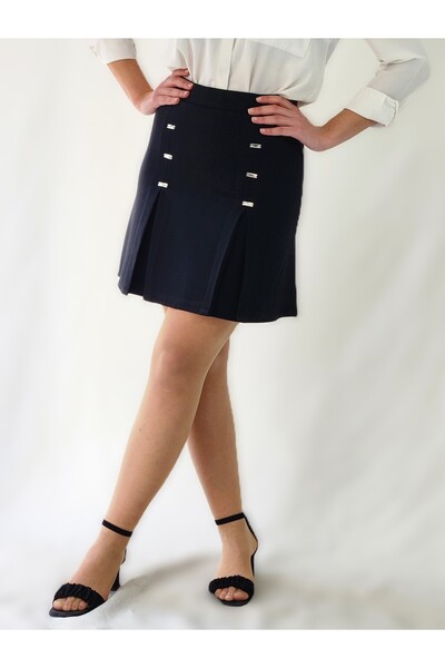 YAXİ Double Pleated Shiny Buttoned Steel Mini Skirt