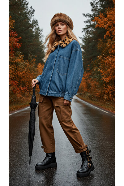 Reserved Geaca Denim cu gumer blanita animal print matlasata pe interior