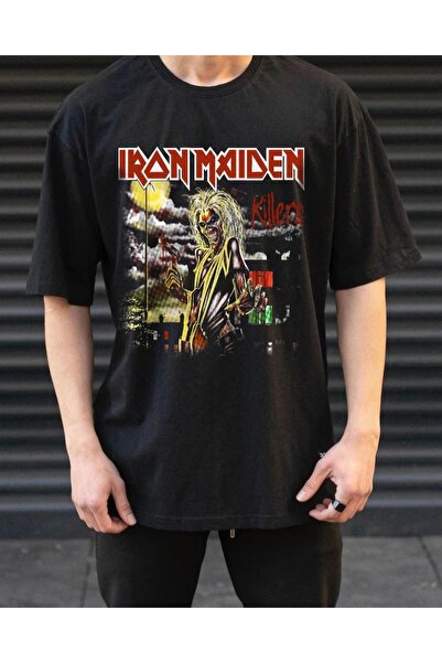 FG KONNİCHİWA Black Color Iron Maiden Printed Unisex Oversize Metal T-shirt