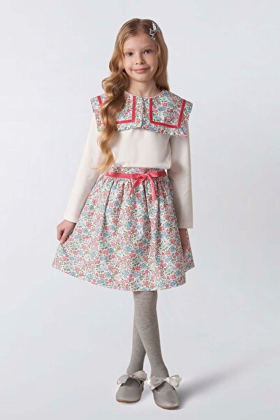 Panço Liberty Fabric Collar Detailed Girl's T-Shirt