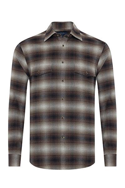 Germirli Albini Brown Gray Plaid Flannel Tailor Fit Cotton Lumberjack Shirt