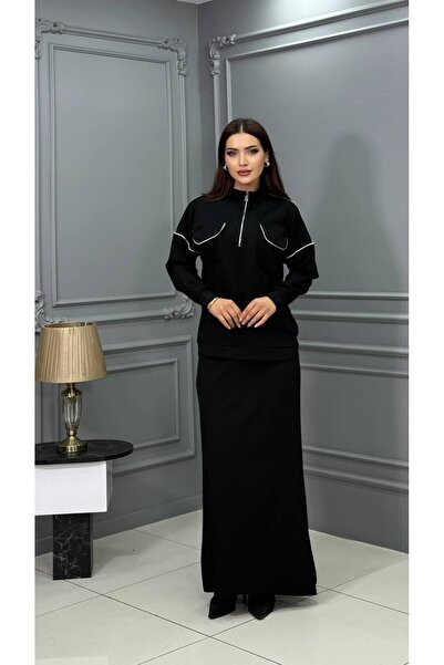 Genesis cannes Black Color Zippered Pocket Long Sleeve Skirted Bottom Top Two...