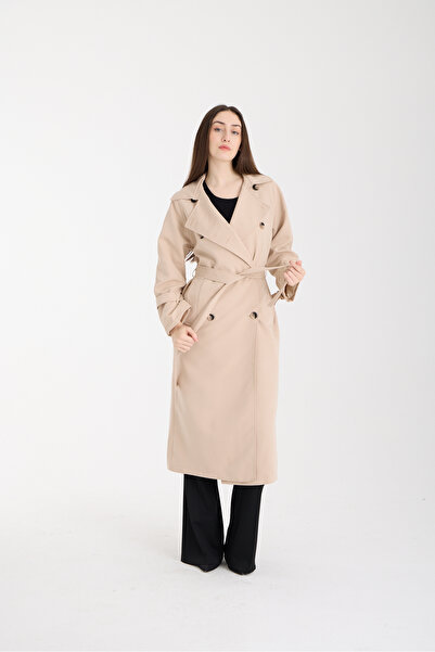 Bolivente Beige Button Detailed Oversized Belted Trench Coat