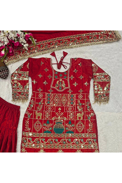 MYSMAR Red Crepe Kameez Salwar & Dupatta - HRT5272 | Red
