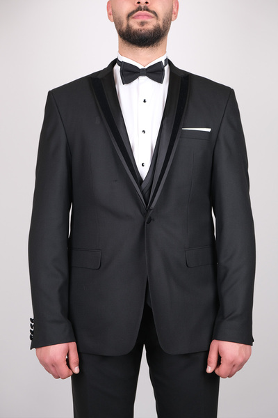 SERKAN SEVİNÇ Slim Fit Erkek Dokulu Kırlangıç Kadife Yaka Yelekli Smokin