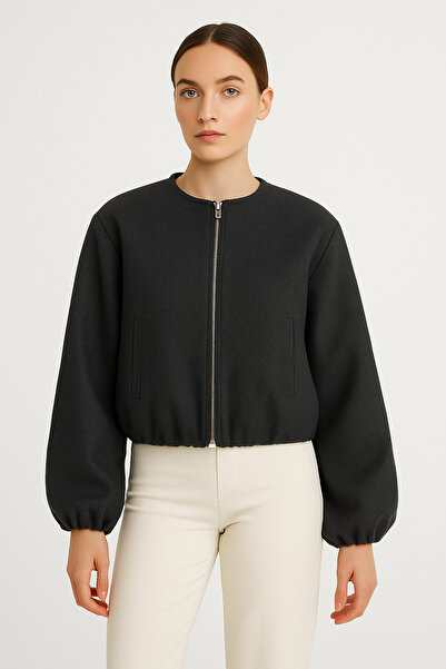 SmallTouch Rahat Kalıp Kaşe Kumaş Kadın Fermuarlı Füme Bomber Ceket