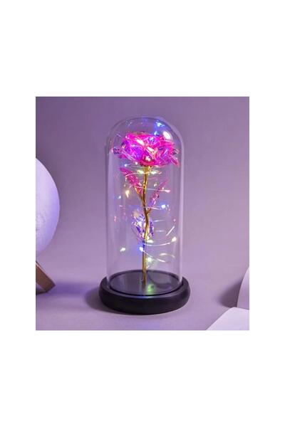BEST PARTİ Peri Led Işıklı Solmayan Pembe Sonsuzluk Gülü Fanuslu Gece Lambası