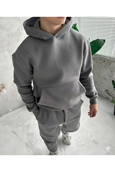 NİCE Duman Gr Three Thread Compact Hooded Cotton Inside Premium O Oversized Tracksuit Bottom and Top Set