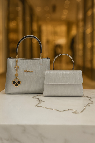 PefyBaby Women's Shoulder and Hand Bag Set of 2, Chain Strap, Silver Glitter ...