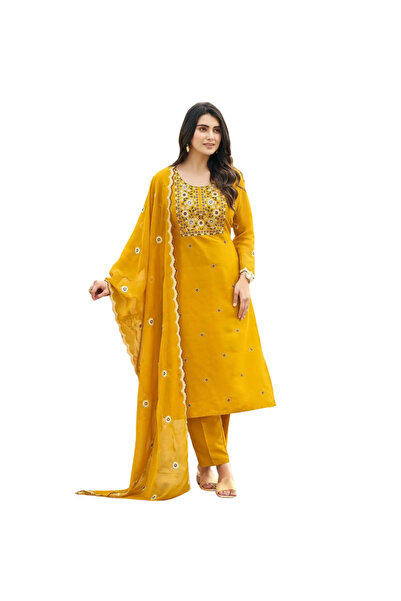 MYSMAR Yellow Rayon Cotton Salwar Kameez & Dupatta - HRT4206 | Yellow