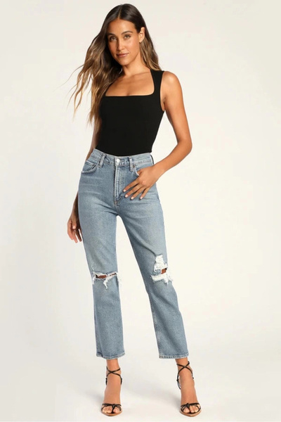 MetuCA Women's Black Sleeveless Square Neck Corded Fabric Double Layer Thong ...