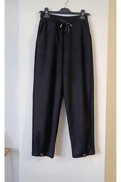 Butik Şans Women's Black Elastic Waist Pocketed Casual Pants with Button Detail on the Legs