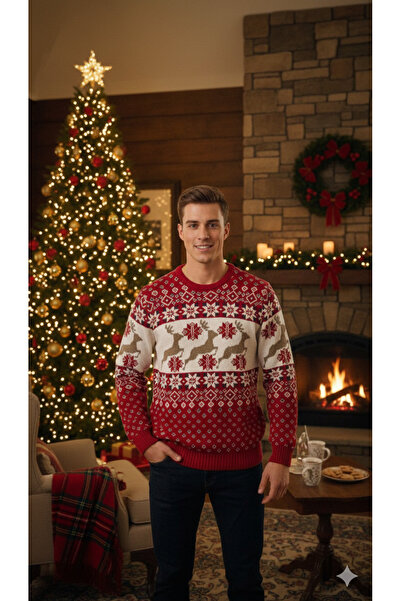 A&O Style Geyik Desenli Erkek Noel Kazağı