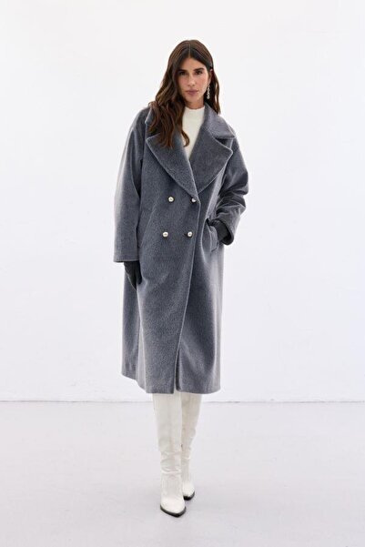 Kokoşum Butik 6610 Long Button Detailed Feather Coat Gray