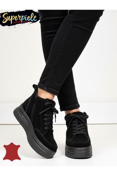 ANGEL BLUE Women's short leather boots, linite, with a thick sole