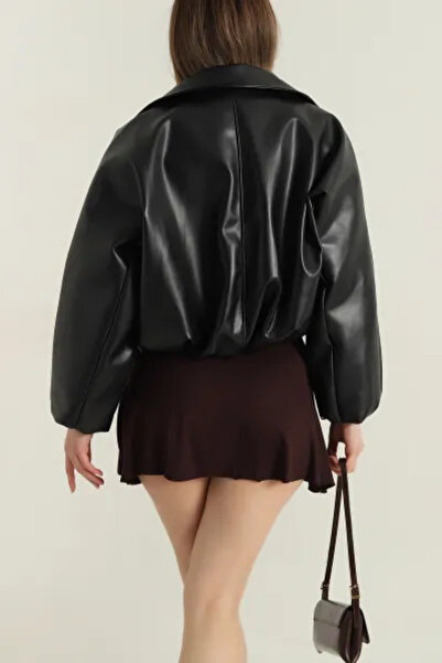 Coşkun GİYİM Women's Bomber Zippered Leather Coat Black 26128