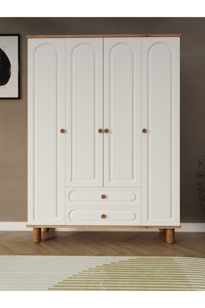 umondesign Umon Design Bohem 4 Kapaklı 2 Çekmeceli Askılı Gardırop Geniş Elbise Dolabı MDF KAPAK