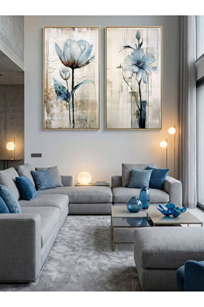 Linacci Σετ 2 Πίνακες Ζωγραφικής με Μαλακό Γυαλί Μπλε Λουλούδι σε Χρυσό Μεταλλικό Πλαίσιο