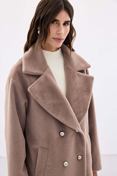 Kokoşum Butik 6610 Long Button Detailed Feather Coat Mink