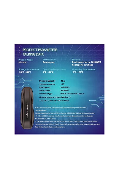 UD Universal Digital UD1000 1TB USB 3.2 GEN2 Storage Flash Drive 1050/920 MB/s Windows To Go 5YWty